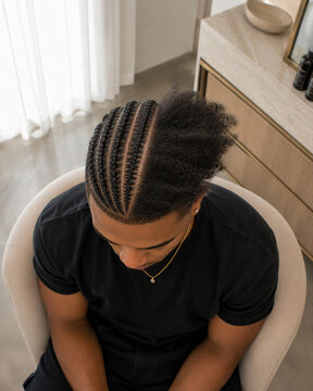 Man with braided hairstyle sitting in a modern interior