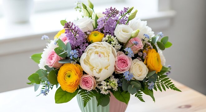 Beautiful vibrant spring flower bouquet in a decorative vase on a table