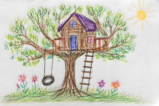 Drawing of wooden tree house constructed in green tree branches with rope swing and hanging tire play area outdoors
