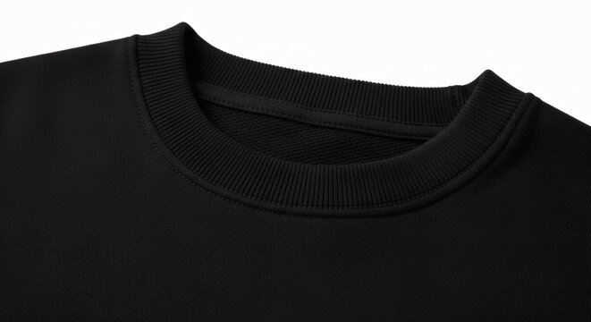 Focus on the textured neckline and collar of a black crew neck sweatshirt showcasing soft fabric and casual apparel details perfect for fashion merchandising and garment showcasing presentations