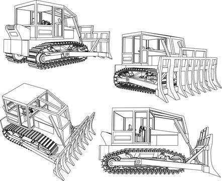 Multi-angle orthographic views of an earthmoving crawler tractor equipped with high clearance tracks and robust clearing teeth attachment