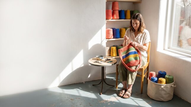 Maker finishing a colorful crochet bag in a sunlit studio