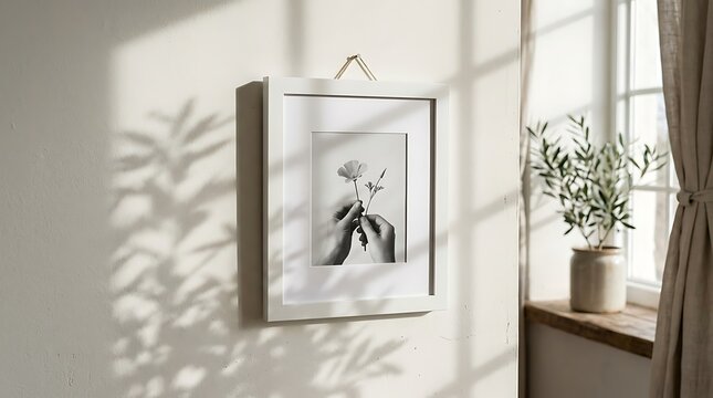 Empty white picture frame hanging on a wall with soft sunlight shadows