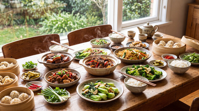 A large variety of delicious Chinese cuisine served on a wooden table including dumplings, stir fried noodles, steamed rice, meat dishes and fresh vegetables
