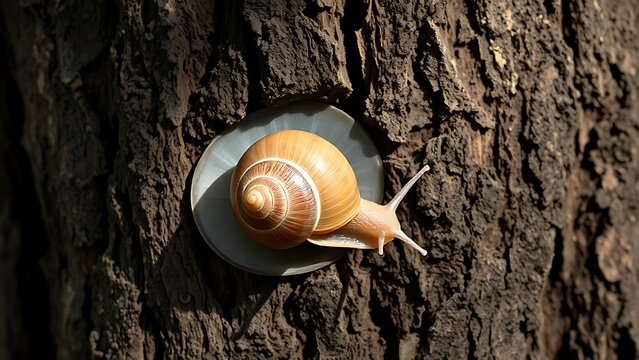 Snail sealed in shell attached to shaded tree trunk, natural camouflage, close-up view.