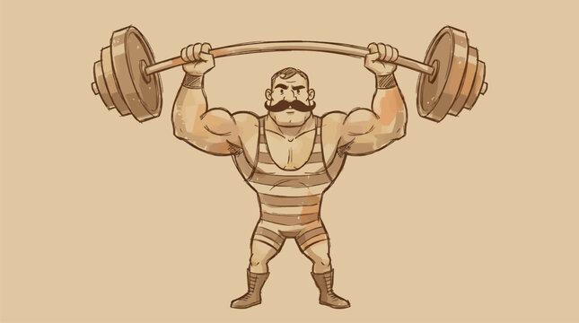 Strongman Character with Handlebar Mustache Lifting a Barbell Overhead, Vintage Circus Performer in Striped Leotard, Hand-Drawn Vector Illustration on Beige Background