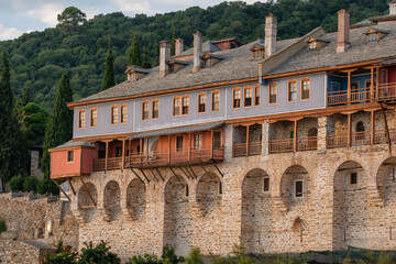 Fototapeta premium Fortified Xenophontos Monastery in the monastic state of Mount Athos, Greece