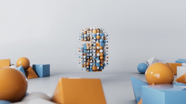 Abstract 3D animation of a floating number three formed by colorful cubes.