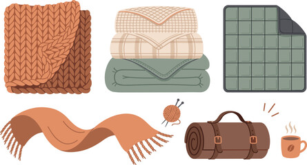 Cozy winter blankets bedding textile and outdoor picnic mats vector illustration set. Comfort home decor bundle © axios