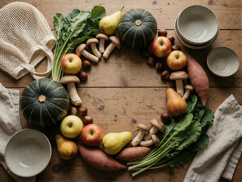 Autumn harvest wreath of seasonal vegetables and fruits on a rustic wooden table, flat lay with copy space / 秋の味覚をリース状に並べたフラットレイ かぼちゃ きのこ 栗 りんご さつまいも 古材のテーブル コピースペース