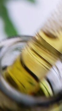 Yellow honey tea liquid bubbles on transparent pipet tip in extreme close up. Natural skincare product packaging and cosmetic serum concept.
