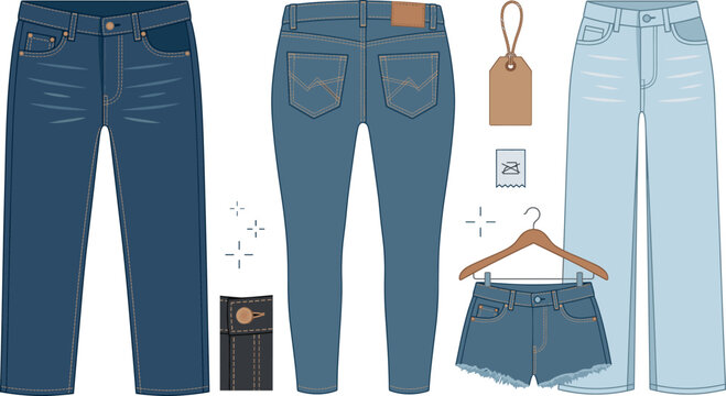 Blue denim jeans and shorts fashion vector illustration set. Denim clothing graphics bundle
