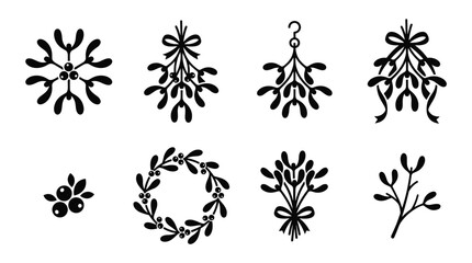 Vintage mistletoe foliage vector silhouette set with berry wreath hanging sprig and bow tie christmas icons © selena
