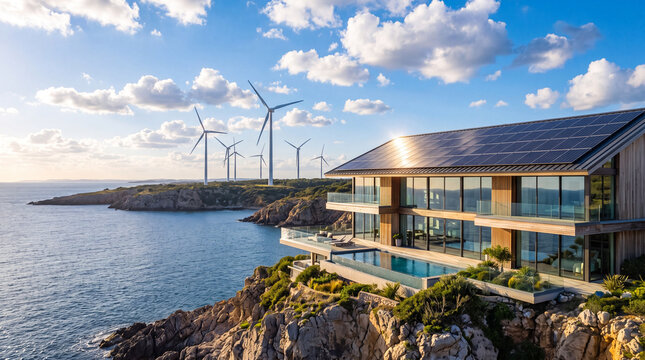 Modern sustainable luxury villa with solar panels and swimming pool overlooking the ocean with wind turbines in the background during a sunny day