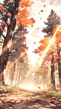 Vertical anime autumn forest bathed in warm sunlight with drifting leaves, seasonal background illustration / 暖かな陽光に包まれた縦型アニメ紅葉背景 舞い散る落ち葉と光芒