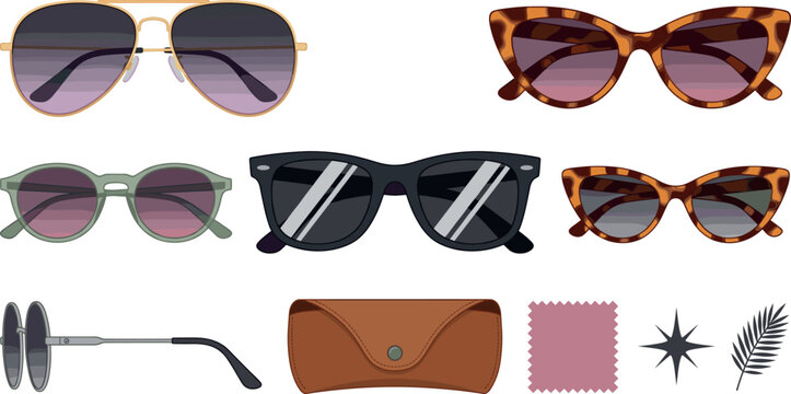 Fashion sunglasses and summer eyewear accessories vector illustration set. Optics graphics bundle featuring gold aviators classic tortoiseshell