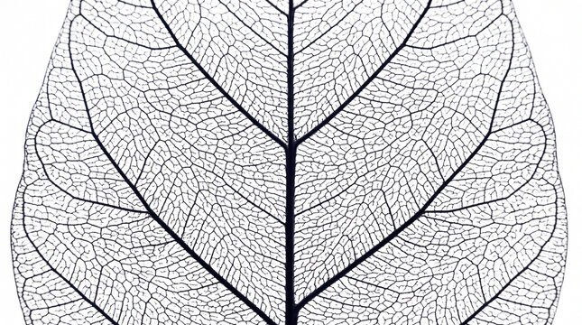 Macro shot of a detailed leaf skeleton showing a complex network of intricate veins and delicate botanical structure on a clean white background