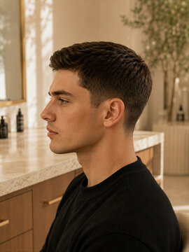 Man sitting at a vanity with grooming products in the background