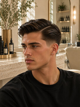 Man with stylish haircut sitting in a modern salon