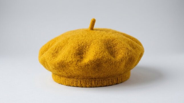 A yellow wool beret with a single pom-pom on top, isolated on a white background.