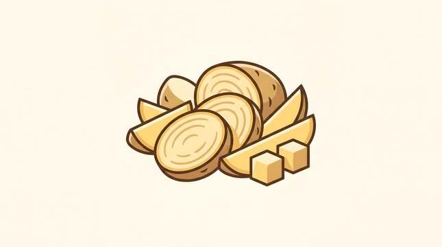 Vector illustration of raw potatoes cut into various shapes including round slices, wedges, and cubes, isolated on a light background