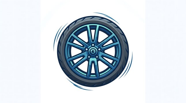 Vector illustration of a modern car wheel with blue alloy rim and black tire spinning dynamically, isolated on a white background.