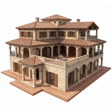 Elegant stone villa with arched porticos and terracotta roof tiles in Mediterranean style