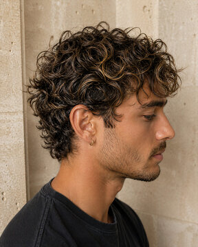 Profile view of a man with curly hair against a textured wall