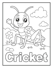 Fototapeta premium Easy Cricket Coloring Page with Bold Animal Name for Kids. Printable Insect Learning Activity for Children.
