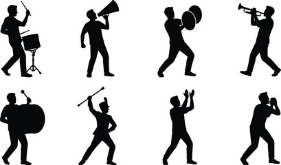 Set of black silhouettes of musicians and performers playing musical instruments and cheering isolated © MdRuhul
