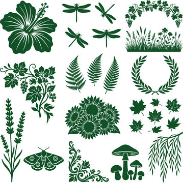 Collection of nature inspired botanical icons featuring flowers leaves insects and foliage for creative design projects