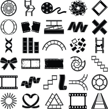 Collection of vintage cinema film strip elements in various shapes for video production project design