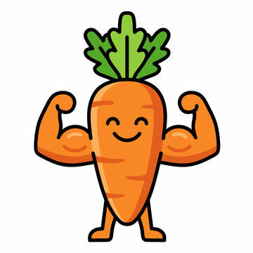 Strong carrot character flexing biceps muscle in flat design cartoon style for health education and kawaii sticker design