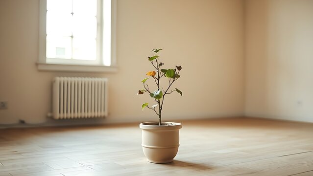 A single wilted plant in a ceramic pot in an empty room with soft natural light and desaturated colors.