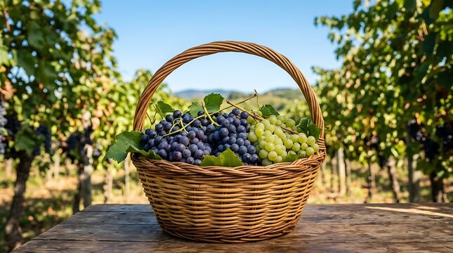 Wicker basket filled with fresh purple and green grapes in a vineyard