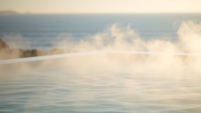 Outdoor hydrotherapy pool with steam rising, distant ocean horizon in soft focus.