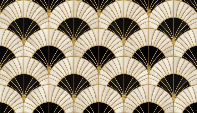 Art deco seamless pattern with elegant golden geometric fan motif on black background luxury vintage texture design