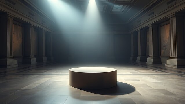 Empty minimalist stone plinth in a vast museum gallery under a spotlight.