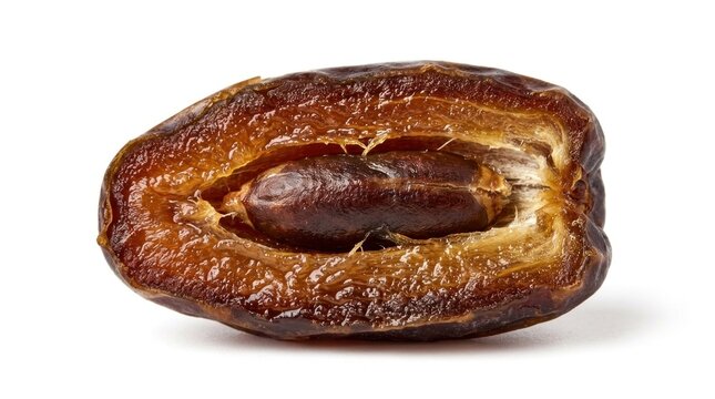 Half of a date fruit with a brown and tan skin, showing the inner seed, on a white background with a shadow.