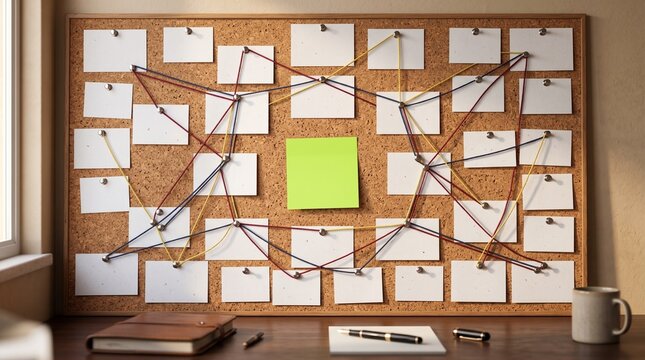 Detective Investigation Board with Connected Clues and Colorful Strings