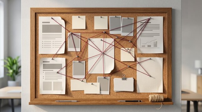 Crime Investigation Evidence Board with Connected Detective Clues