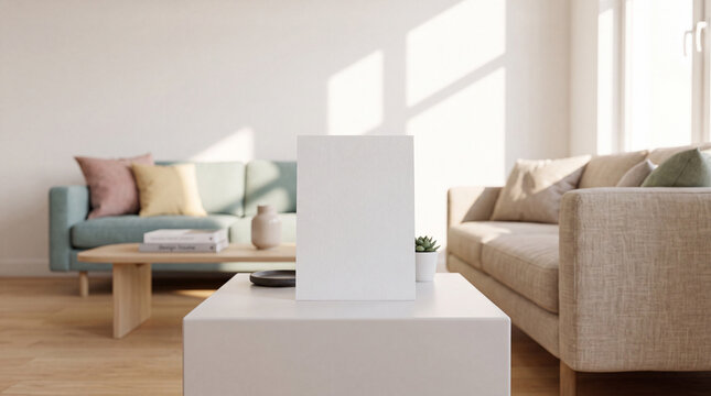 Modern living room interior with a blank white vertical canvas on a white coffee table, soft sunlight, light blue sofa, and neutral decor in a bright home.