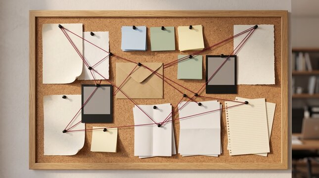 Detective Evidence Board with Crime Investigation Red String Network