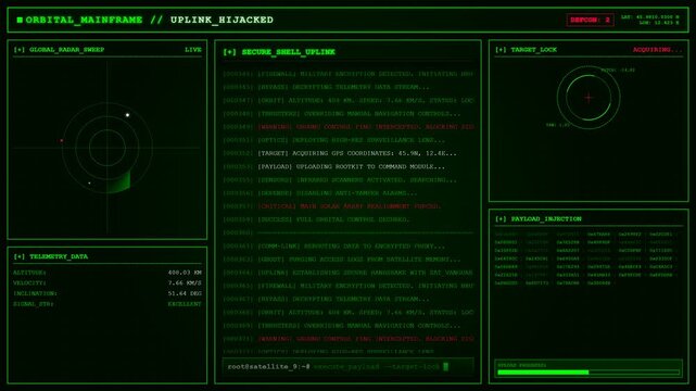 Orbital Mainframe Uplink Hijacked Satellite Control Hacker Terminal Animation Target Lock Loop Background.