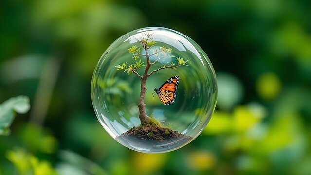 Glass globe with young tree and butterfly, floating in nature with soft light, symbolizing ecology.