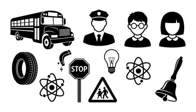 School Bus and Educational Icons Set with People, Symbols, and Objects Featuring Education, Teacher, Student with Uniform