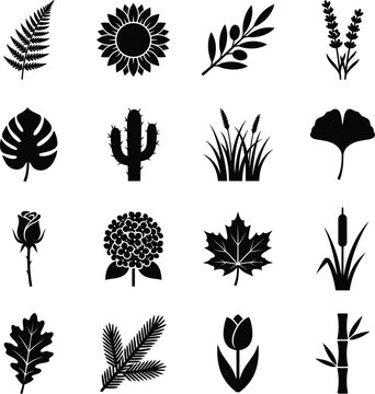 Various plant and leaf silhouette icons including trees and flowers for outdoor or garden themes