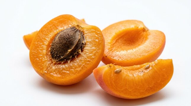 Four apricot halves, one with a brown pit, against a white background with a soft shadow.