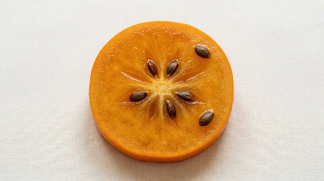 A slice of orange fruit with seeds, placed on a white background with a soft focus.