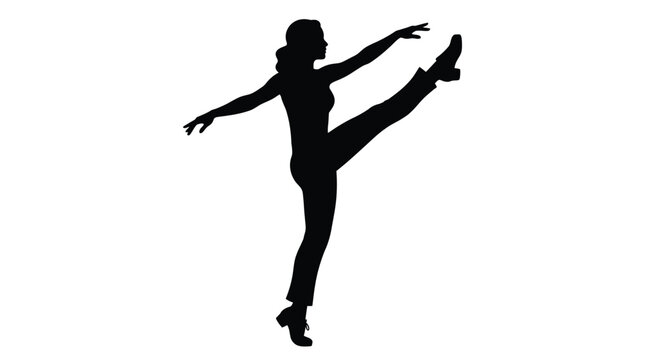 Elegant female tap dancer silhouette performing a high kick artistic pose rendered as a clean black vector illustration isolated on a plain white digital background surface